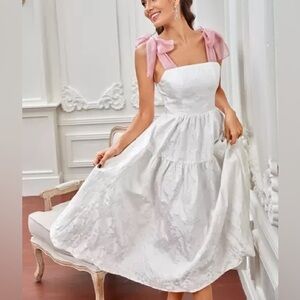 SHEIN White Floral Jacquard Tiered Midi Dress Pink Ribbon Straps Small